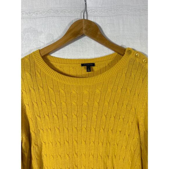 Talbots Sweater Large Mustard Yellow Cable Knit Lambswool Blend Button Detail - Picture 5 of 11